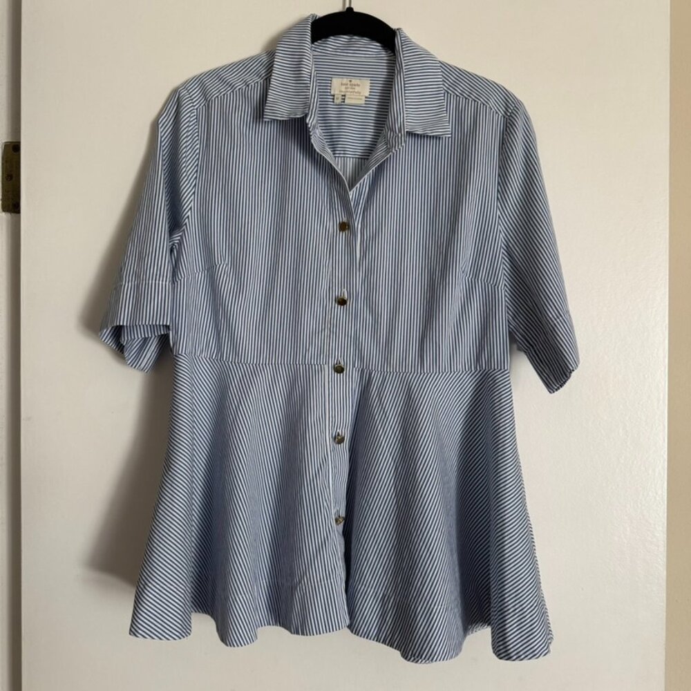 Kate Spade Women's Blue Striped Button Down Peplum Blouse 100% Cotton Medium